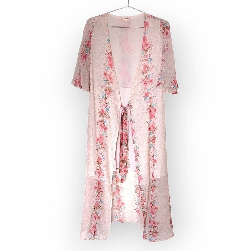En Creme Pink‎ Floral Duster Cardigan Tie Front Boho Kimono Robe Womens Small